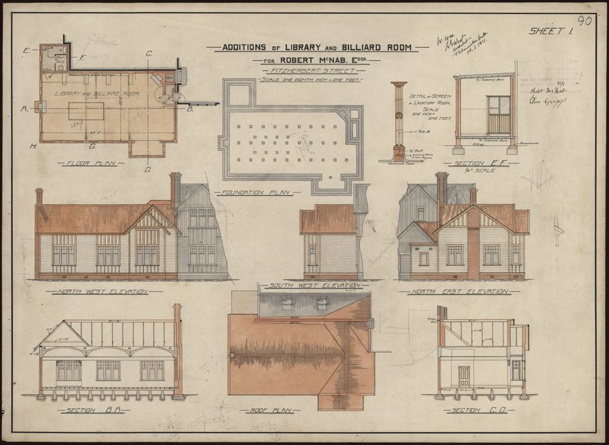 L. G. West, Plans for Additions of Library and Billiard Room, Fitzherbert Street