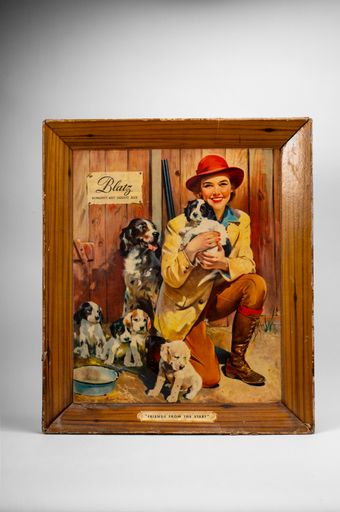 Blatz Beer Woman & Dogs Hunting Cardboard Sign